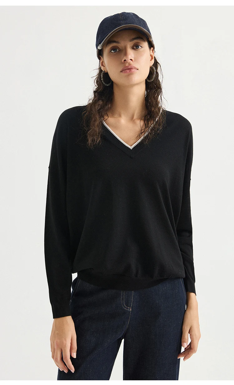 BD3621781 Damen 100% Wolle Oversized V-Ausschnitt Pullover Langarm Kontrastbesatz V-Form Kette Zweifarbig Entspannter Luxus Herbst – Detail 8