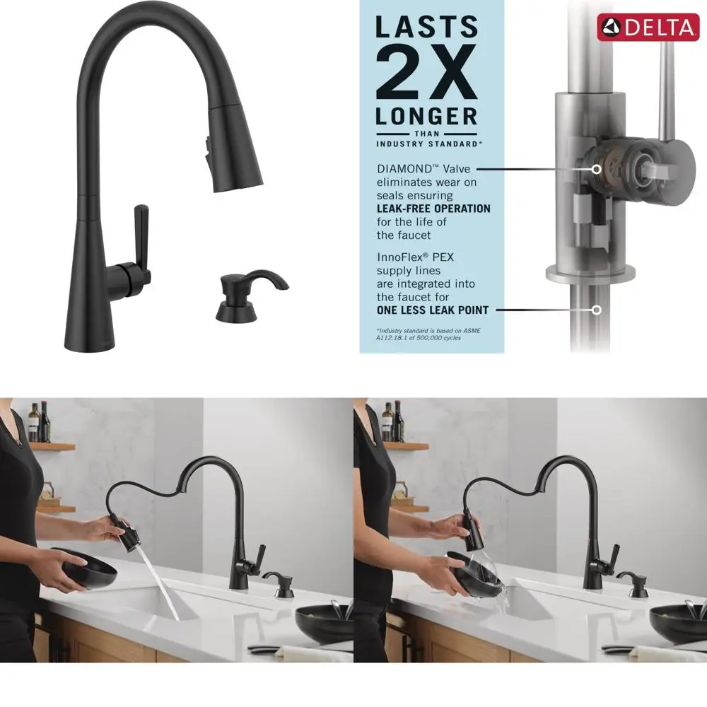 

Modern Matte Black Pull-Down Spray Kitchen Faucet with Soap Dispenser, Single Hole Sink Faucet