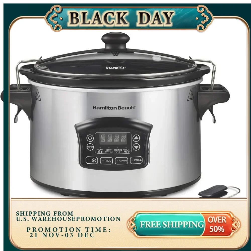 

Portable 6 Quart Slow Cooker & Digital Programmable with Lid Lock, Temperature Probe & Defrost Setting, Dishwasher Safe, Silver