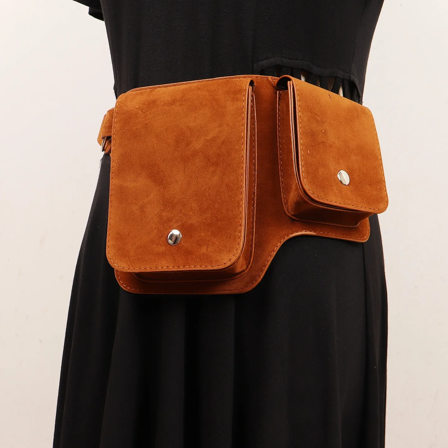Autumn and Winter Niche Men and Women Suede Double Pocket Motorcycle Retro Waist Bag Unisex Matching Pants Jacket Bag Belt