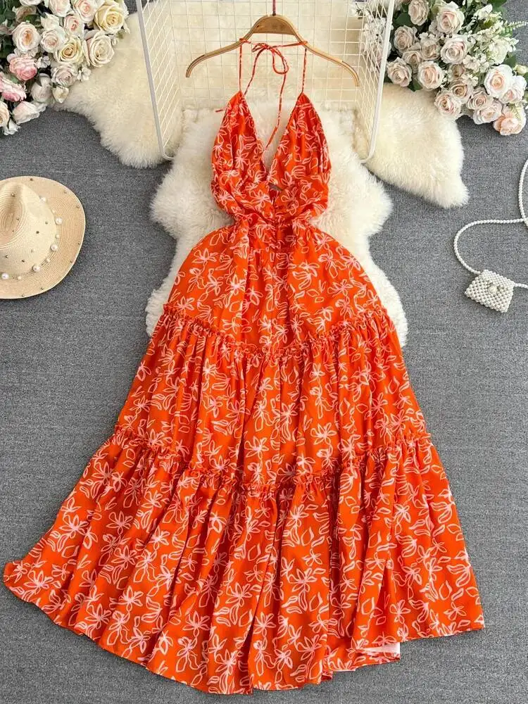 Vestido largo de playa para mujer, vestido francés con cuello colgante y espalda descubierta con cuello en V, vestidos de fiesta sexys para mujer, vestido largo bohemio con estampado Floral naranja ajustado