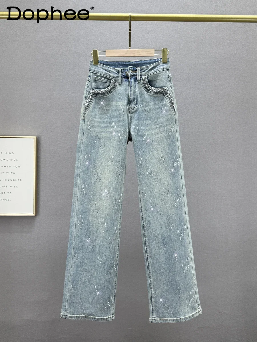 Hot Diamond Jeans Women's Straight Pants Spring 2025 New Elastic High Waist European Goods Plus Pants Blue Jeans for Women