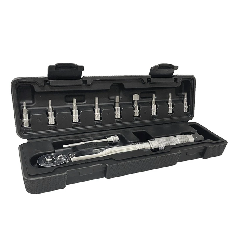 E5BE 11 Pcs 1/4'' Drive Torque Wrench Set 5 to 25mm H5 Extension Bar Hex 3-10mm Micro Adjustment Maintenance Tool for Bikes