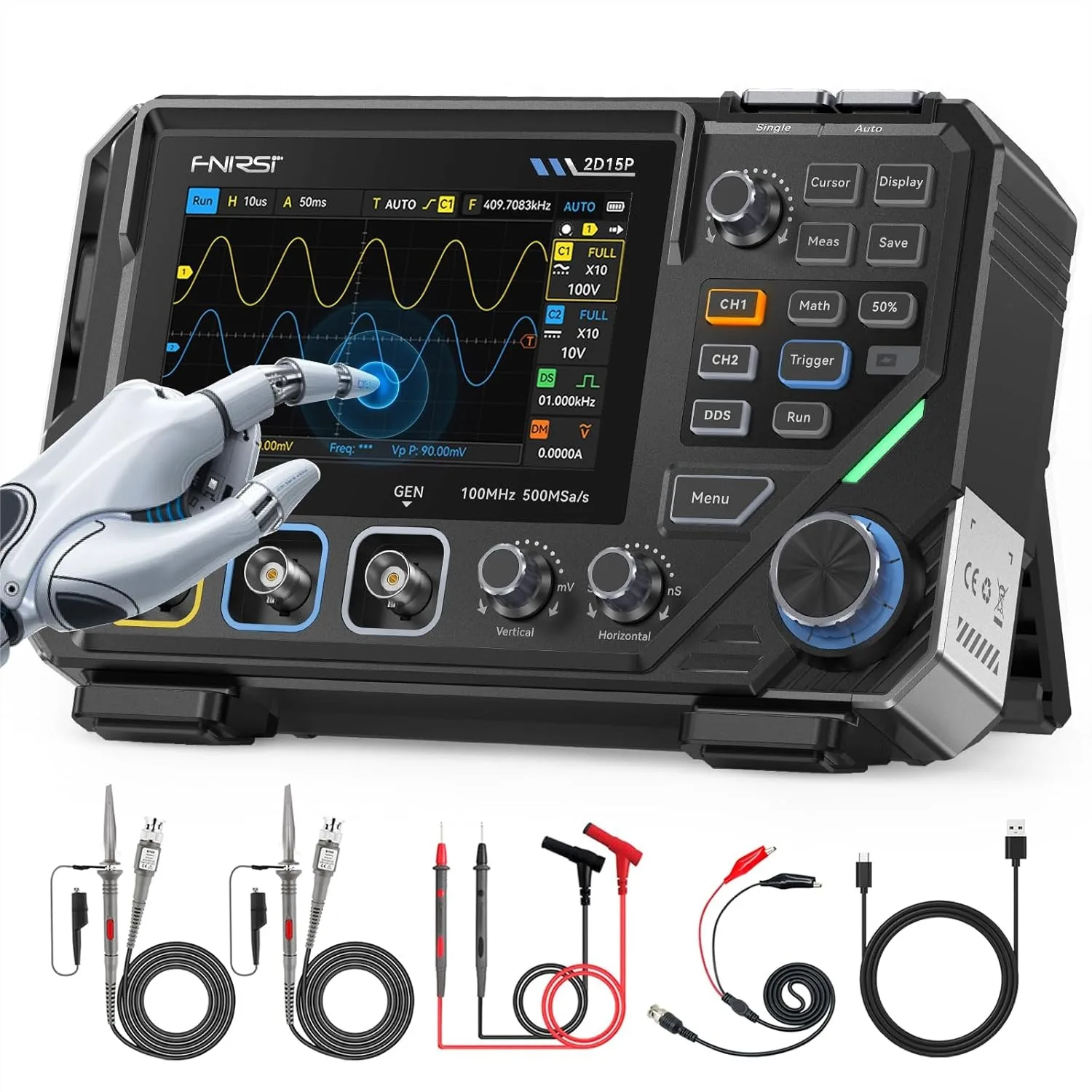 100MHz 3-in-1 Digital Oscilloscope Multimeter DDS Signal Generator, 2CH 19999 Counts TRMS, 500MS/s Sampling, 4.3" Touch Screen