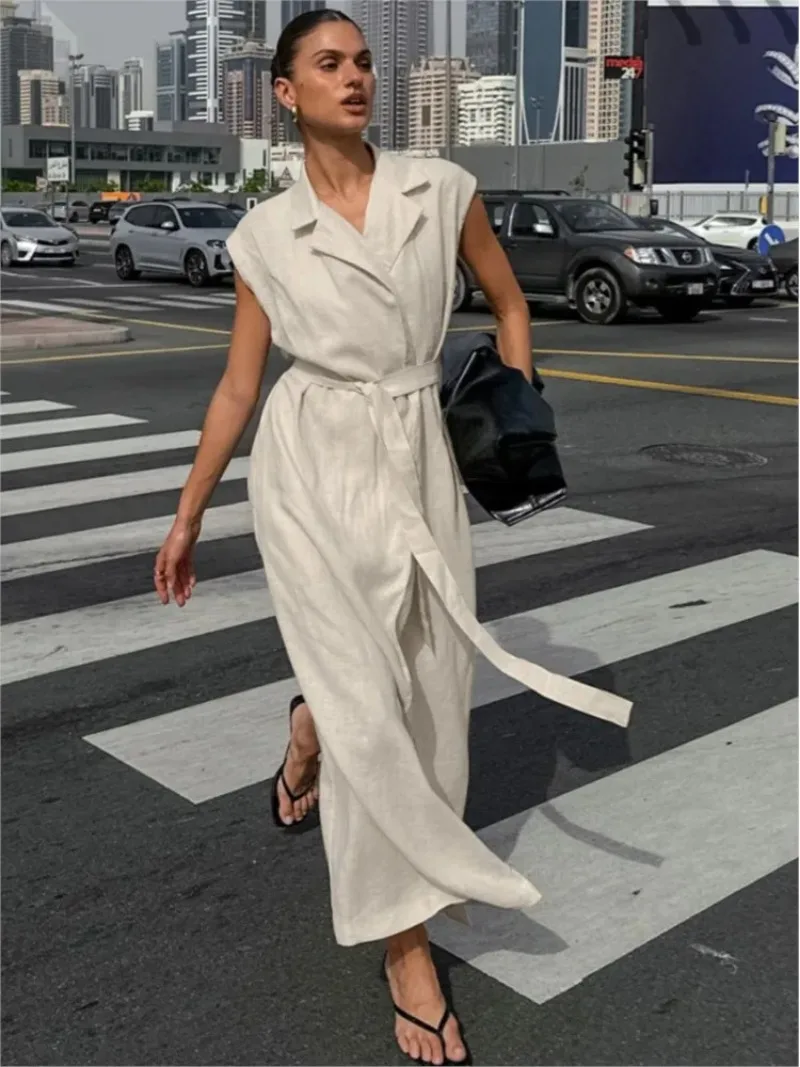 

Fashion Cotton Linen Long Dress Women Summer 2025 New Suit Collar With Belt High Slit Dresses Female Elegant Cssual Midi Dress
