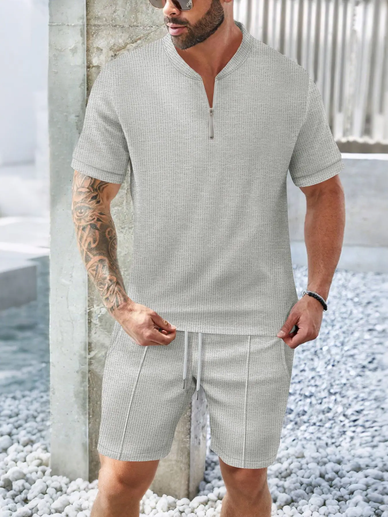 

Мужской летний повседневный комплект ort Sve на молнии Pure Color Ne Outdoor orts, свободный крой из полиэстера, молодежный тренд