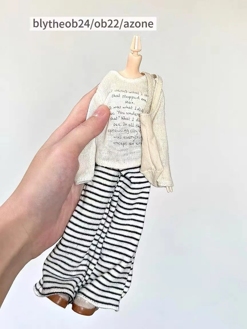 

New Blythe Doll Ob24 22 Azone Doll Clothes Leisure Walking Set Cover dress Striped Long Pants Cloth Bag--Trendy Doll Outfit