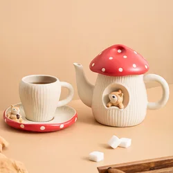 Cute Teapot Red Mushroom Ceramic Afternoon Tea Set Coffee Cup Saucer Creative European Cartoon Flower Teapot