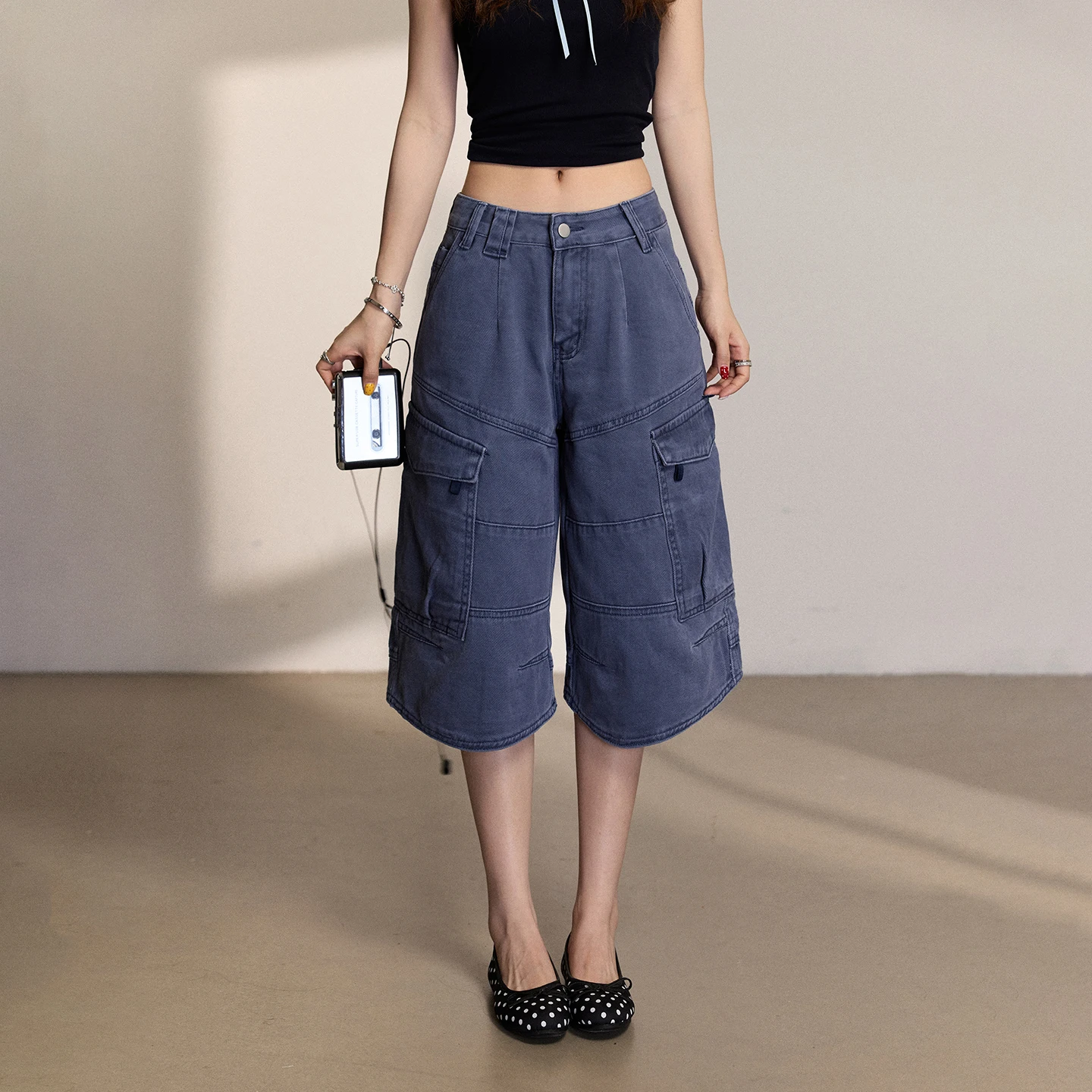 Women Y2K American Vintage Cargo Capri Denim Jeans Multi‑Pocket Loose Wide Leg Baggy Design Summer Street Casual Bottom Wear