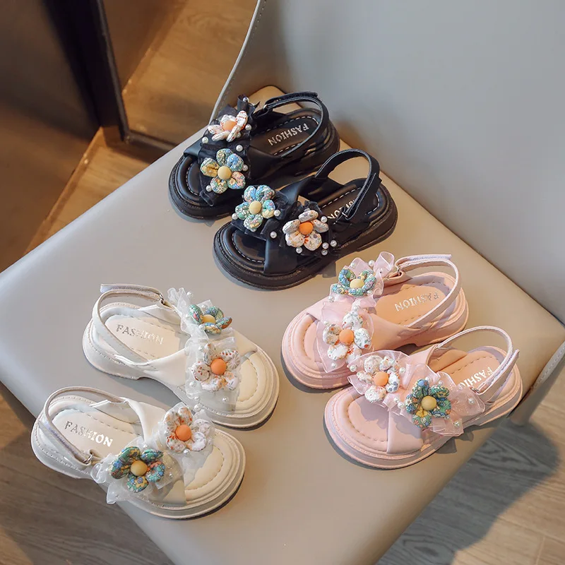 Girls 2024 Summer New Sandals Big Children Soft Soled Cross Beach Shoes Baby Princess Flower Children Shoes