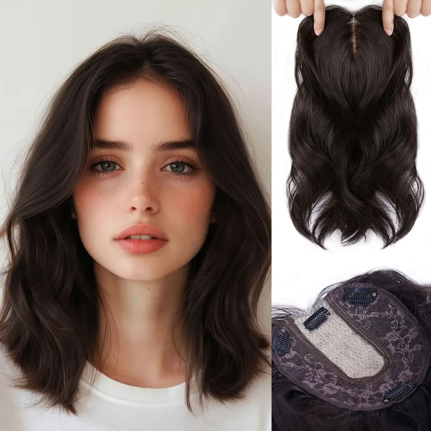 숱이 적은 여성용 합성 헤어 토퍼 - 14인치 6*6인치 다크 브라운 하이라이트 포함 물결 모양 클립인 토퍼(뱅 포함)