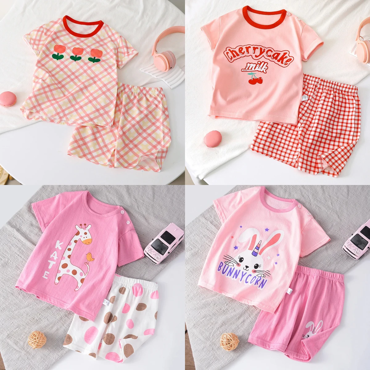 

Girls Cute Sets Fashion Tops Summer Clothing Pink Loose Tees+shorts Kids Short Sleeve Shorts Outfits Cartoon Tshirt Casual