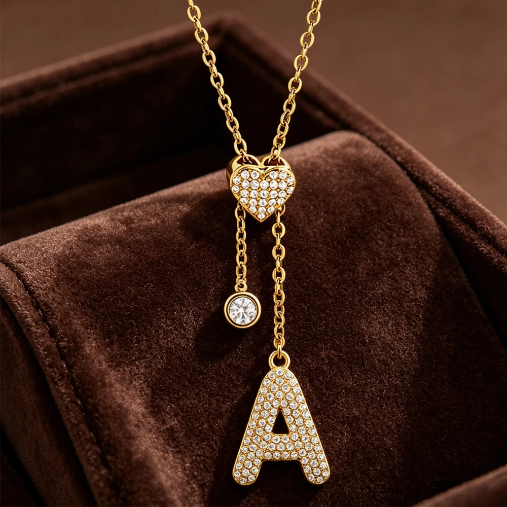 New Luxury Zircon 26 English Letters Stainless Steel Adjustable Necklaces For Women Trendy Female Choker Chain Jewelry