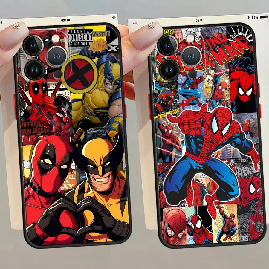 Funda Marvel Spiderman Deadpool con borde negro para iPhone XR 16 Pro 16e 14 11 Pro Max 12 Mini 13 Pro XS X 15 Pro Max 6s 7 8 SE