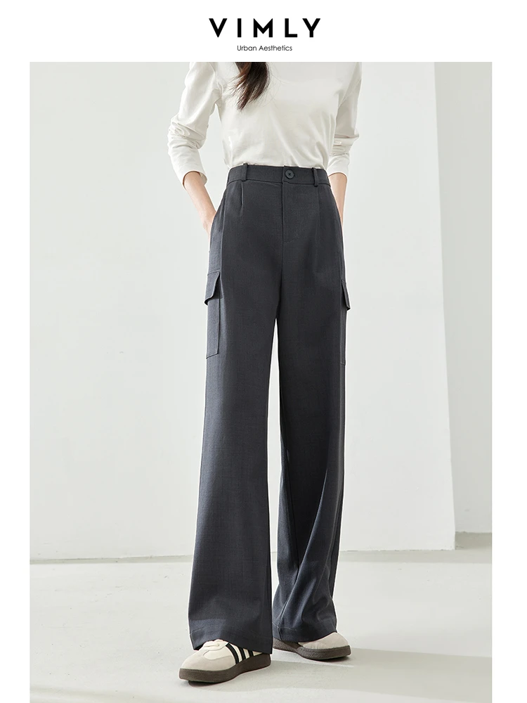 Vimly Grey Full Length Wide Leg Pants 2024 Spring Fashion Loose Casual Trousers Elastic Waist Cargo Pant Women Clothing M5590