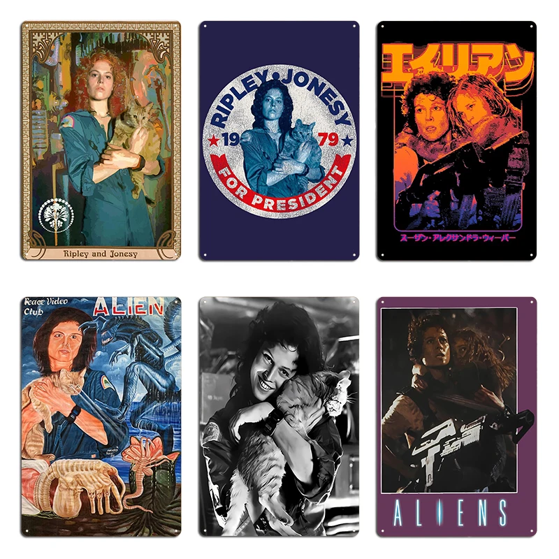 Aliens: Ellen Ripley and Newt Ripley and Jonesy Ghanaian Video Club Alien Metal Plaque Mural Wall Custom Club Tin Sign Poster