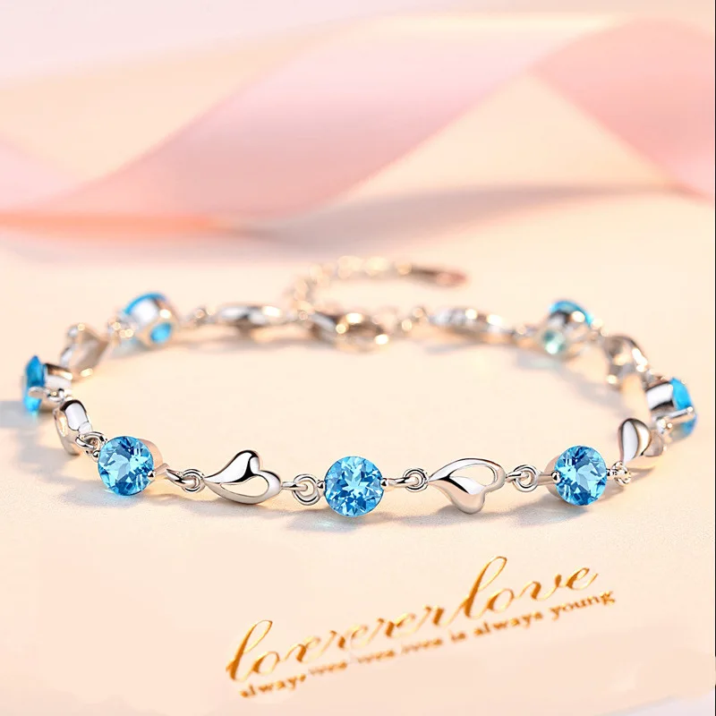 Pulsera de plata de ley 925 con circonita en forma de corazón para mujer, brazalete con dijes de cristal azul Retro coreano, joyería Original para