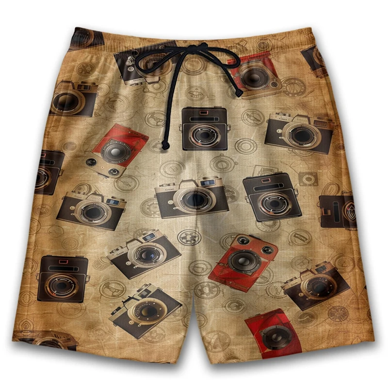 3D gedruckte Retro-Kameras Shorts Männer Street Trend einzigartige kurze Hosen schwarz weiß gestreiften Film Vintage Mode kurze Hosen