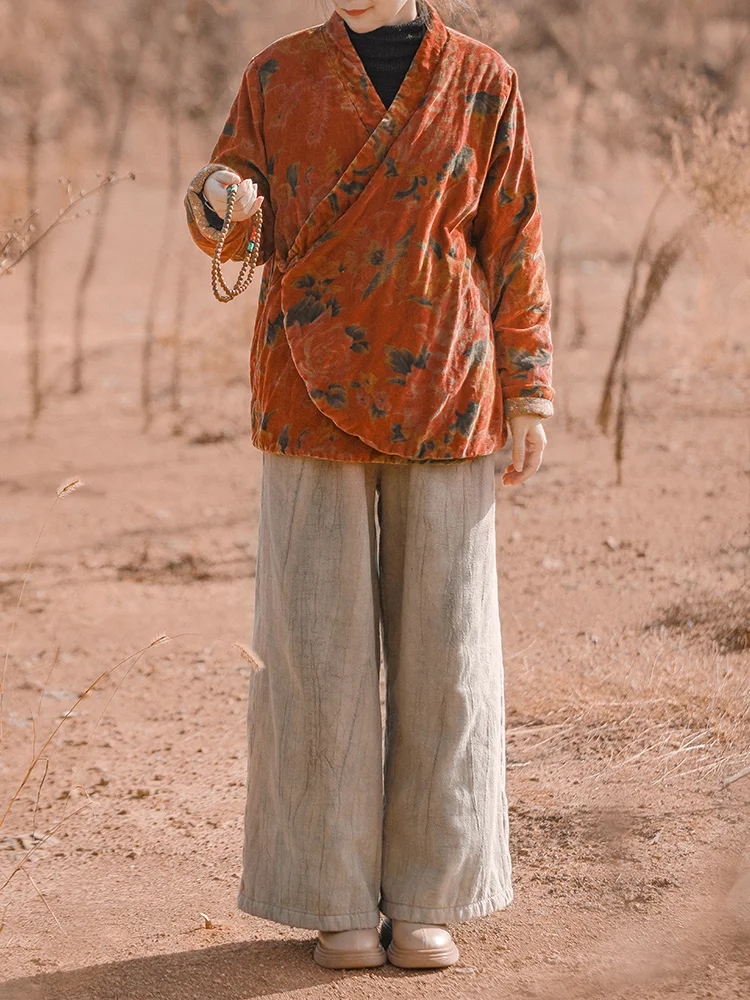 

Thiened Cotton Jaet Chinese Sle Floral Print ort Coat Red Large Flower Retro Belted Loose Cotton Clothes Women's Faion