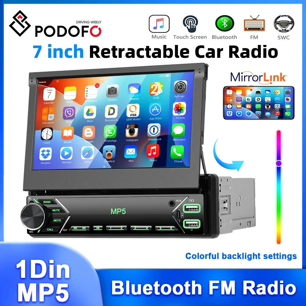 Podofo 7'' Manual Folding Touch Screen Car Audio Multimedia Player Mirror Link Bluetooth USB Port&Type-C FM Radio Car MP5 Player