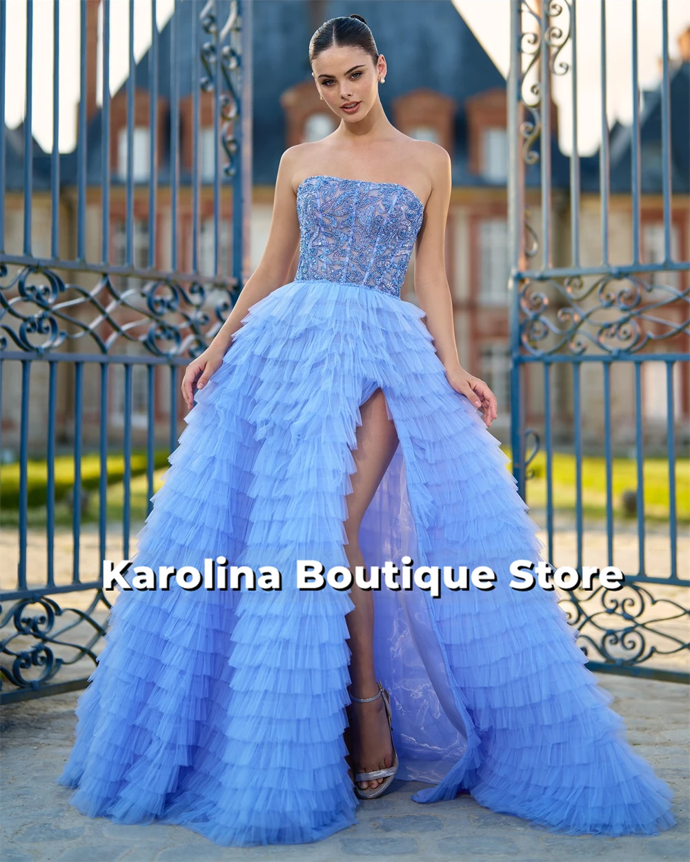 Sky Blue Ruched Train Strapless Formal Evening Dresses Side Split Women Long Evening Dress Robe De Soiree De Mariage Customized