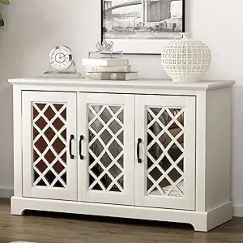 Millicent 3 Door Sideboard with Acrylic Mirrors, Kitchen Buffet Cabinet, Farmhouse Coffee Bar Display Cabinet