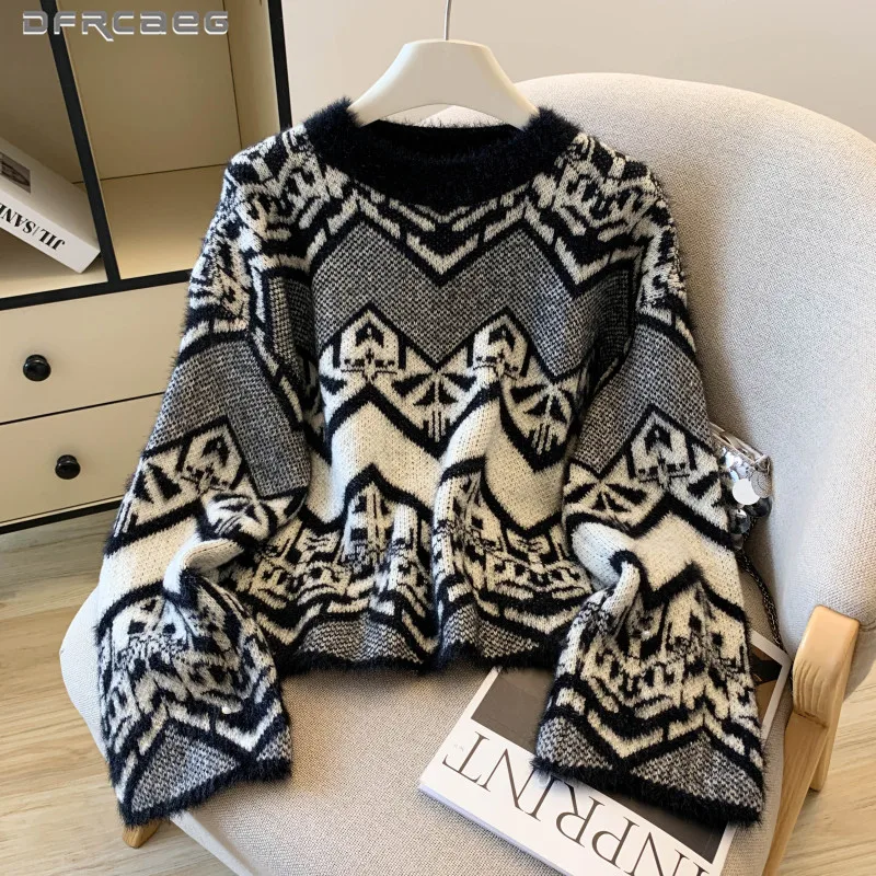 

Корейский ленивый стиль, мягкий свободный пуловер, свитер для женщин, теплый лоскутный вязаный топ с длинными рукавами и геометрическим узором для женщин