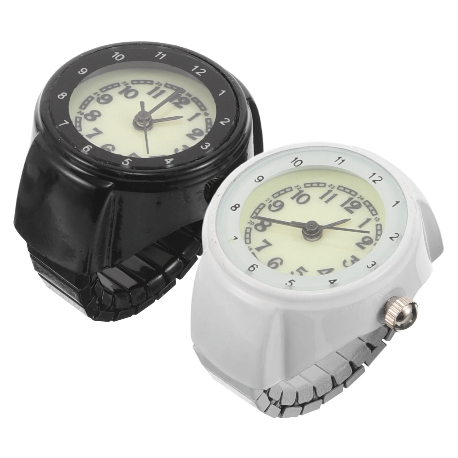 

2Pcs Tiny Watch Ring Stainless Steel Luminous Dial Unisex Comfortable Elastic Strap Retro Cocktail Jewelry Finger Watch