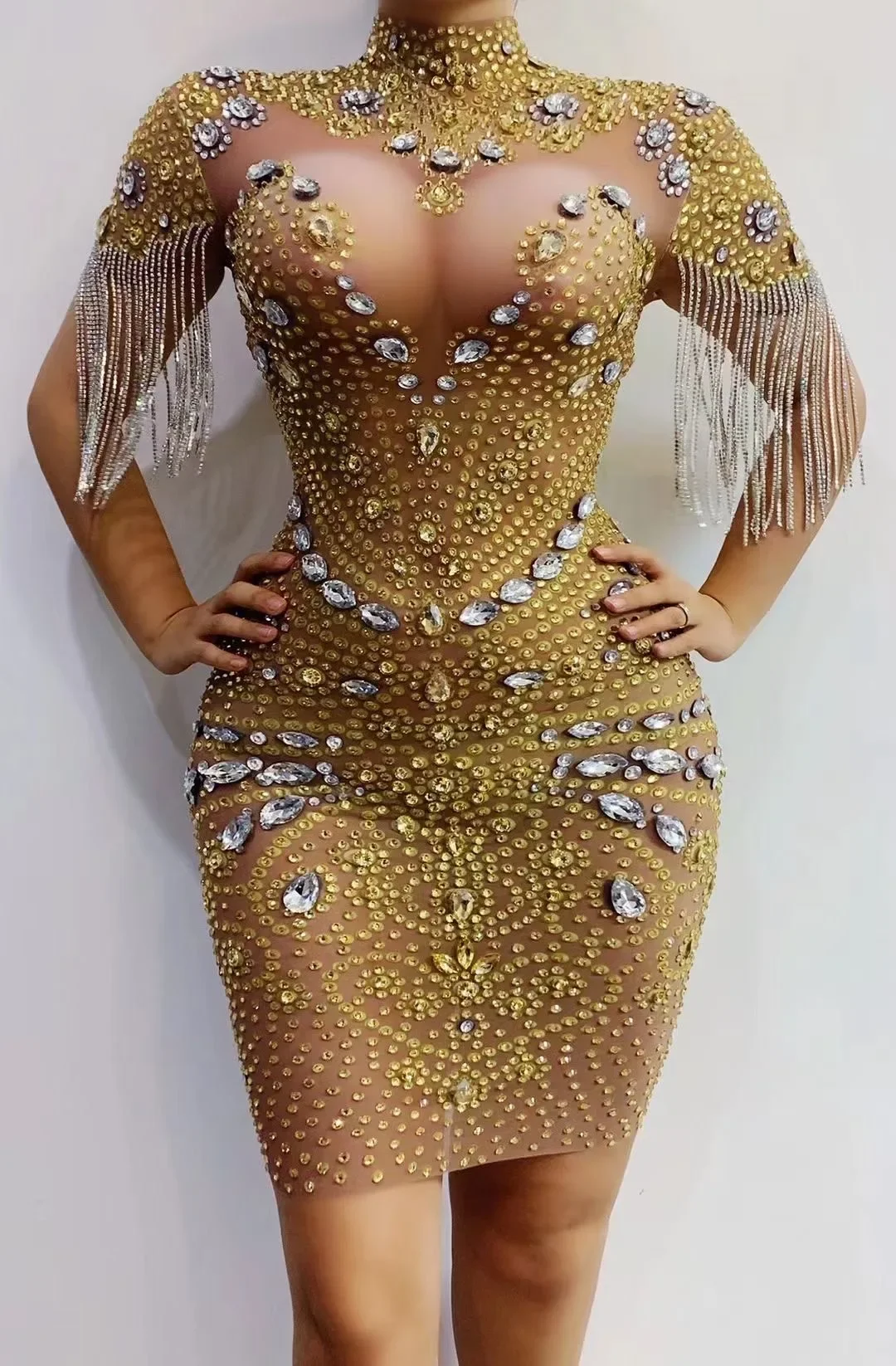 Gold Shining Rhinestones Sexy Crystal Tassel Sheath Dress For Women Nightclub Party Clothing Singer Stage Prom Costumes