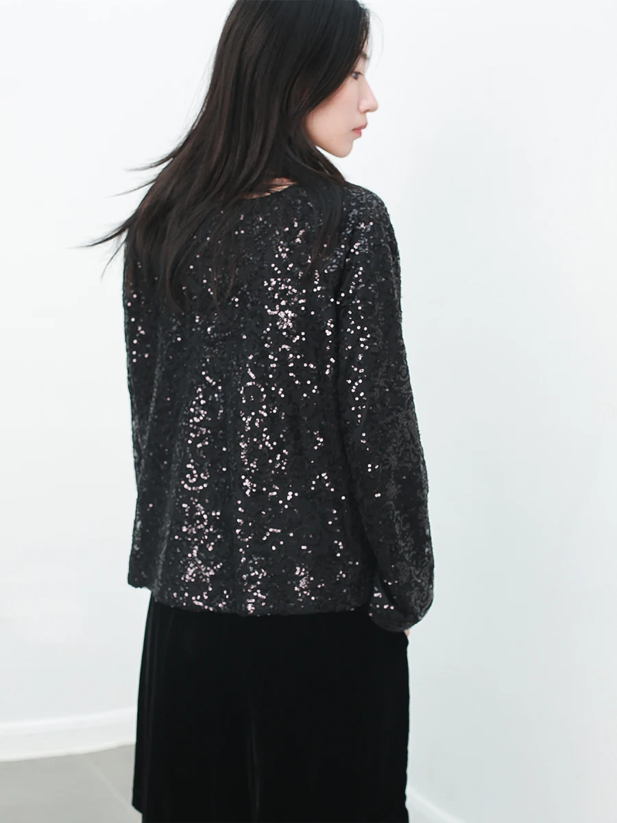 

Dog And Color Heavyweight Sparkling Bla Sequin Small round Ne Loose Overhead Top Limited Edition New Arrival