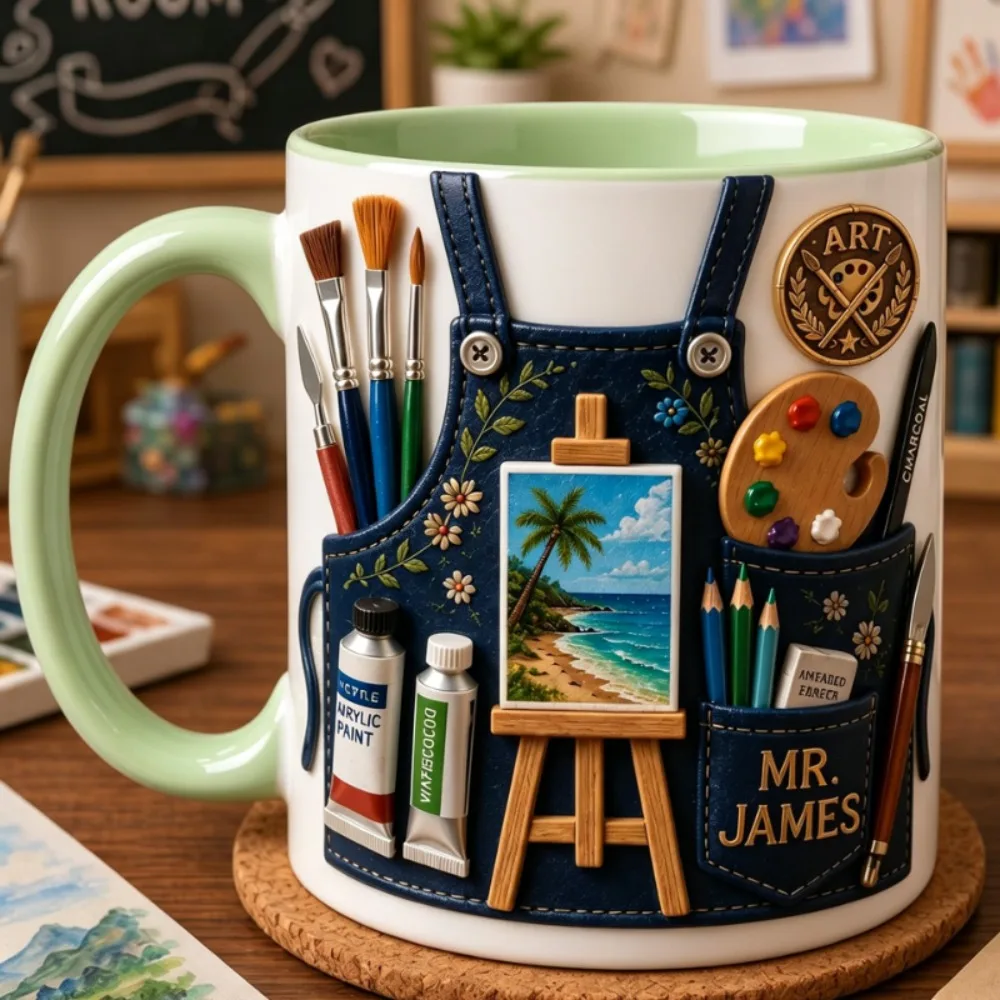 Custom 2D Name Printed Ceramic Mug Artist Painter Vest Design Visual Effect Gift for Artists Artisans Home Studio Birthday Chris