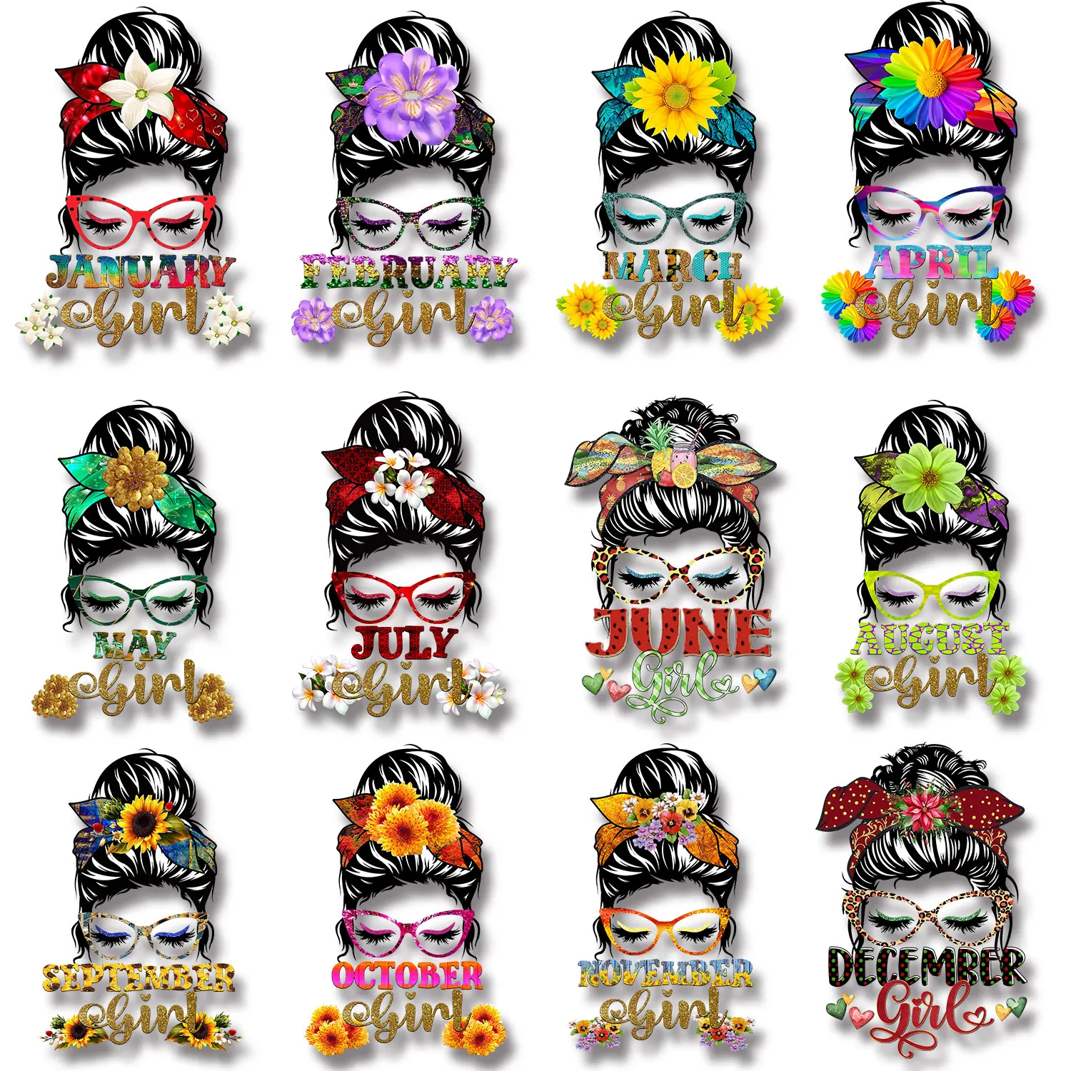 

Messy Bun Girl Commemorative Birth Month Series Flower Iron on Decals Applique for Cloth Strong color fastness Diy Craft