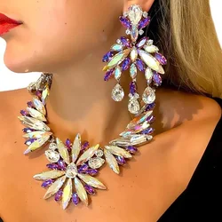 Exaggerated Flowers AB Crystal Necklace Earrings Set for Women Summer Party Statement Rhinestones Jewelry Set 2023 Accessories