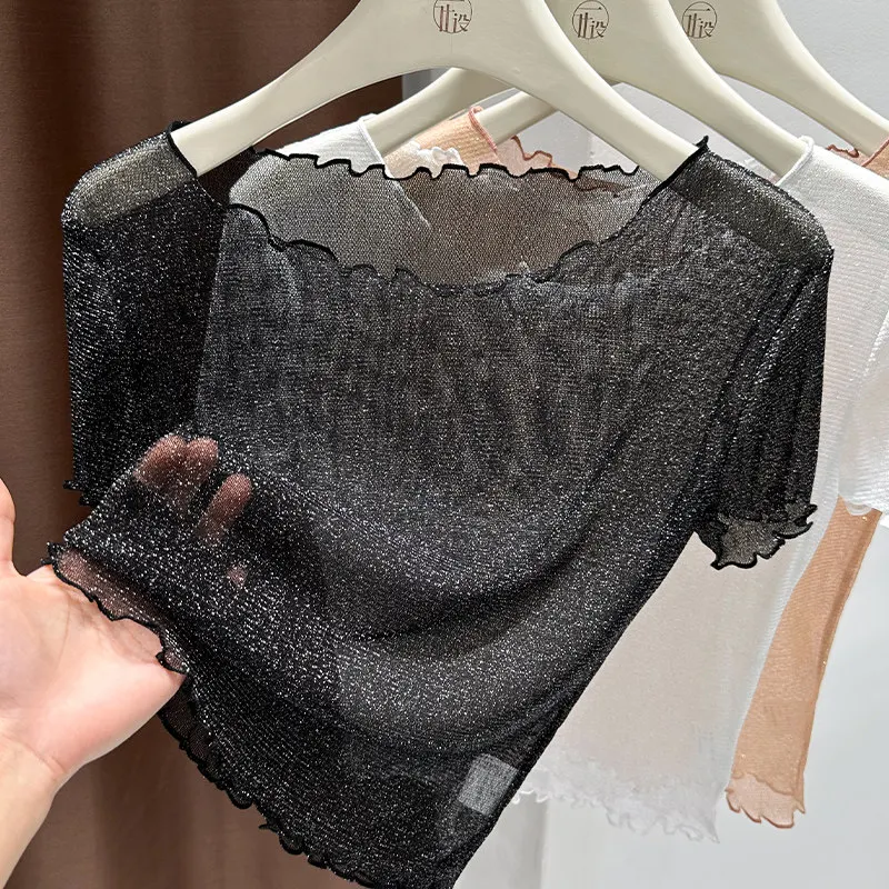 Lightweight Short Sleeve Mesh T-Shirt Women's Coffee Color Bordered Floral  Summer High-End Fashion Top Korean Style roun...