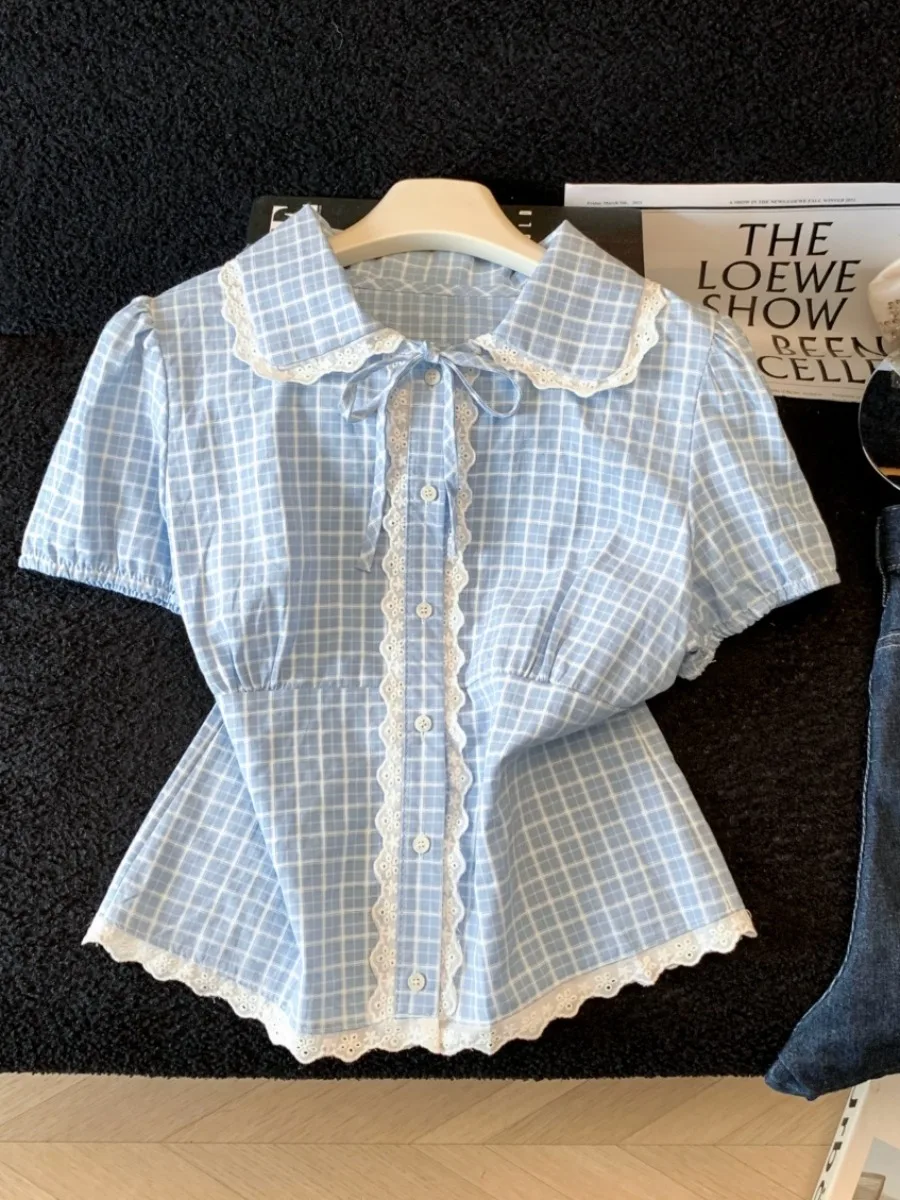 

Blue Plaid Doll Collar Bubble Short Sleeve Shirt Women Summer Sweet Lace Trim Bow Knot Short Length Top Skin-friendly Breathable