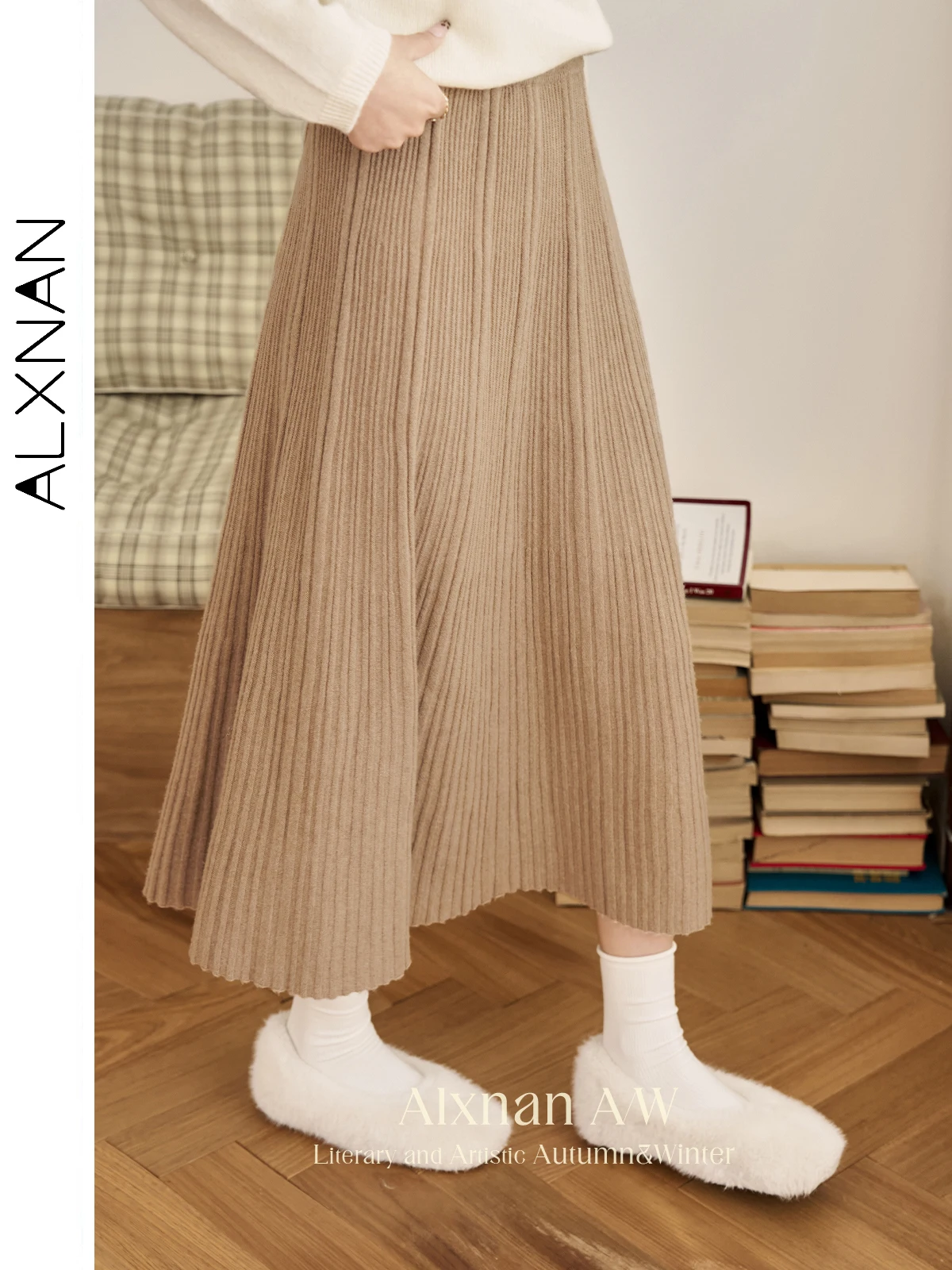 

ALXNAN Women's Maillard Knitted Skirts Classic A-line High Waist Warm Midi Skirt 2024 Fall Winter All-match Loose Bottoms L51317