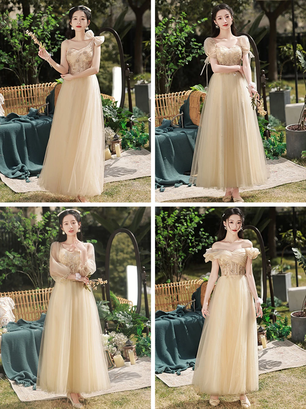 4 estilos champanhe vestido de dama de honra feminino 2024 novo plissado fora do ombro colarinho vestido de noite lantejoulas tule a linha festa vestido