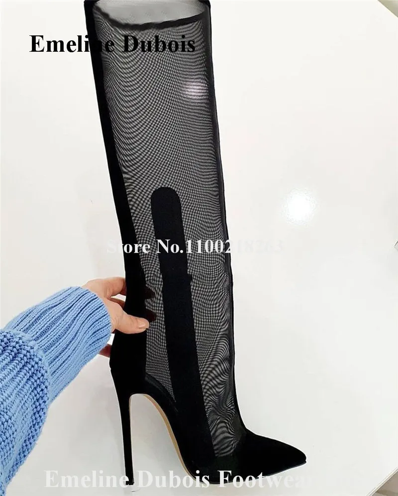 Black Mesh Patchwotk Knee High Boots Emeline Dubois Sexy Pointed Toe Stiletto Heel Long Lace Boots Big Size Dress Heels