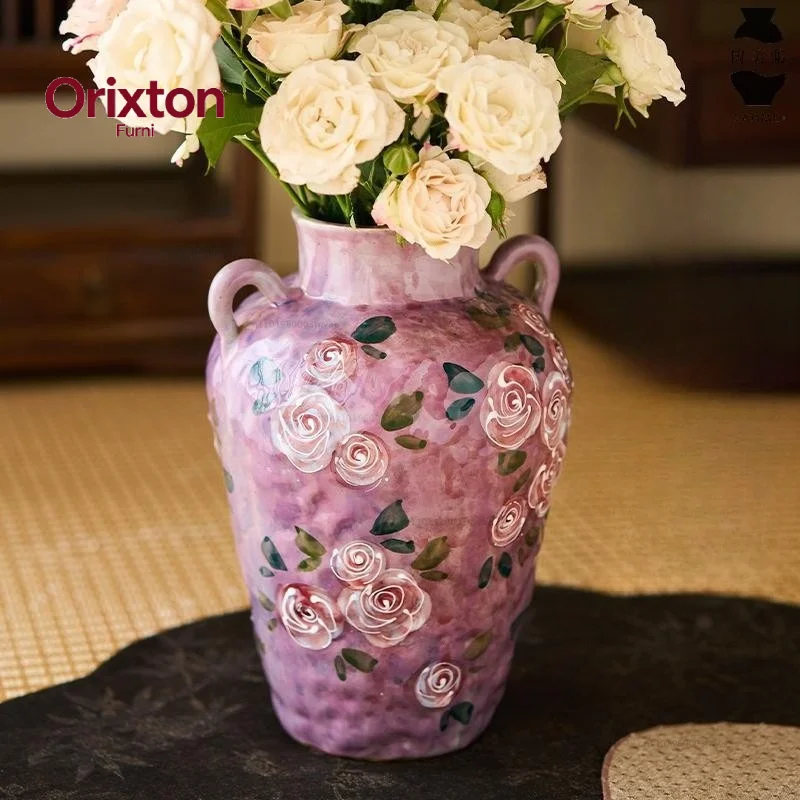 Hand-painted rose ceramic vase with underglaze color flower arrangement and decorative item
