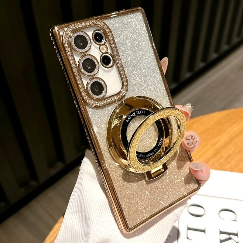 Magnetic Wireless Charge Stand Shockproof  Case For Samsung Galaxy S25 S24 S23 S22 Ultra Plus S24 FE Glitter Diamond Back Cover