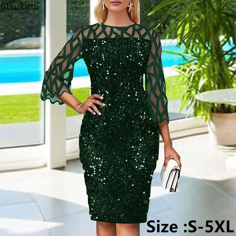 New 2024 Women\'s Elegant Sequin Midi Dress Oversized Sexy Evening Party Club Dresses Gown Wedding Luxury Robe Rouge Vestidos 5XL