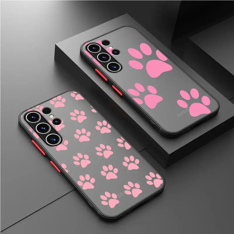 Dog Footprints Cute Pink Matte Case For Samsung Galaxy S22 S24 S23 S20 S21 FE S10 Plus Capa Note 20 Ultra 10 Lite Phone Fundas