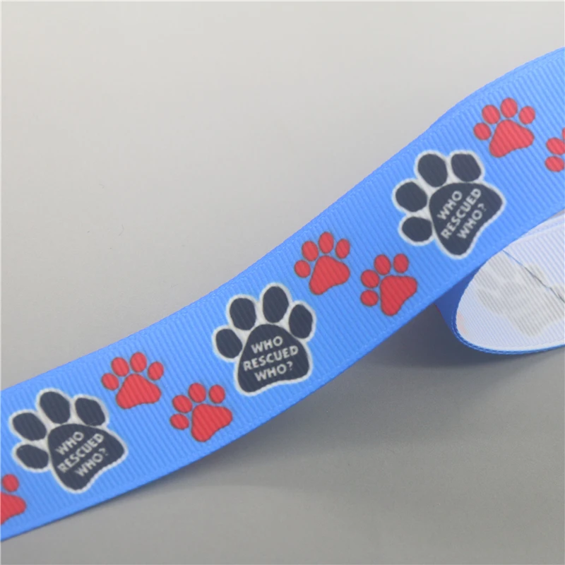 DHK 50yards Dog Cat Paw Who Rescued Who Printed Grosgrain Ribbon Accessories Material Headwear Decoration DIY Sewing Craft S1784