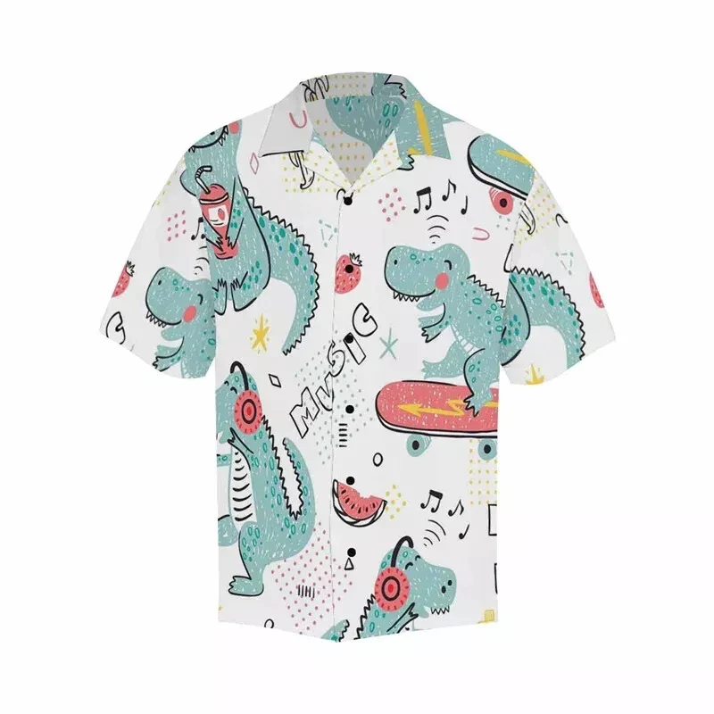 New Cartoon Style Hawaiian Shirts Short Sleeve 3D Print Anime Dinosaur Oversized Shirt For Men Clothing Y2k Tops Harajuku Blouse