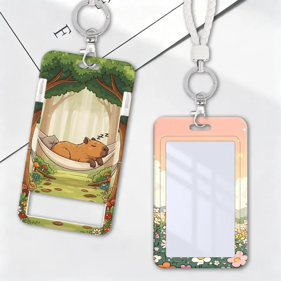 1Pc Card Holder Retractable Credit Card Holders Holders Child Bus with lanyard Badge Bank ID Cover Case Capybara
