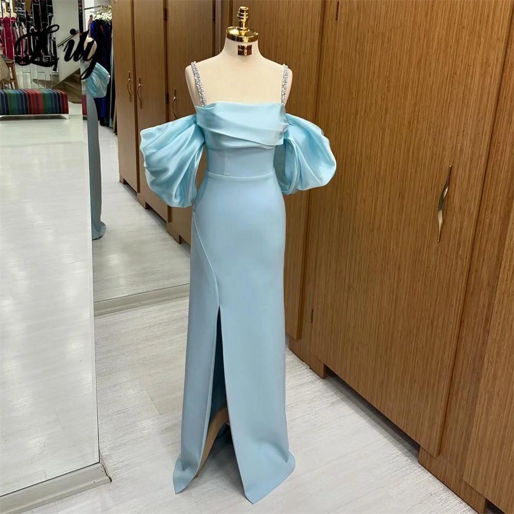 Vestidos formales de sirena con hombros descubiertos, lirio azul cielo, vestido de fiesta para boda, plisado con manchas, vestidos para ocasiones