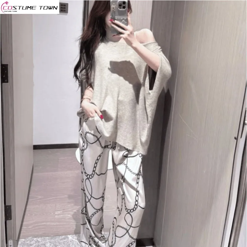 

Spring and summer sexy slanted shoulder bat sleeve fashionable design knitted T-shirt loose wide leg pants set