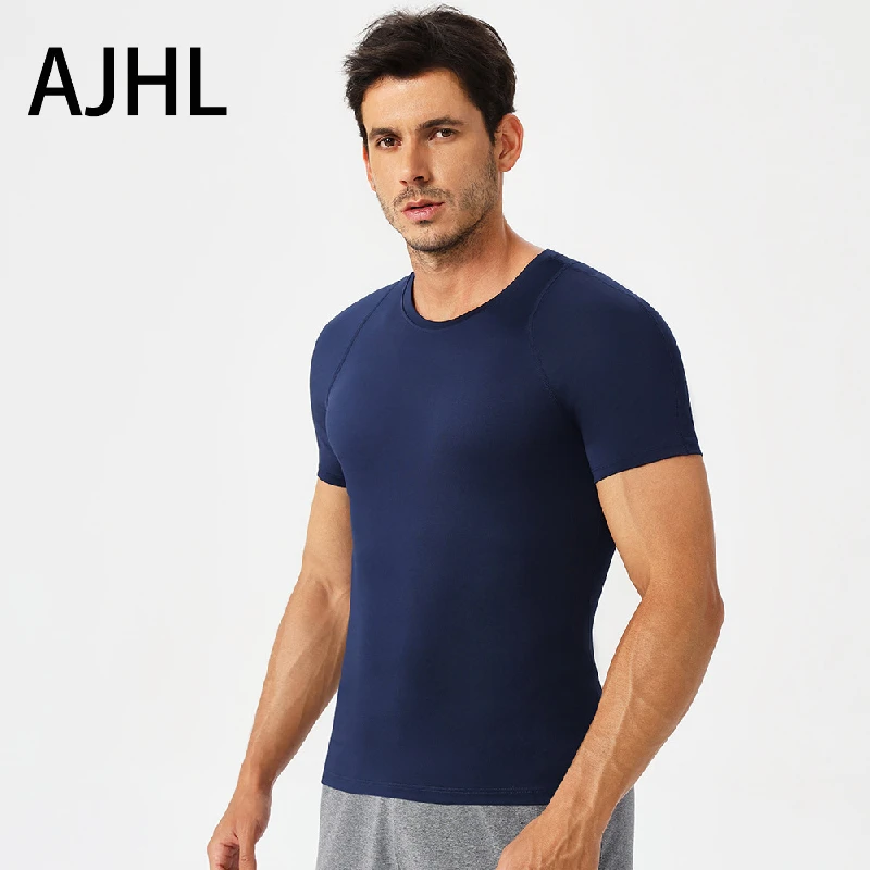

AJHL Men's running tight fitting top high elasticity breathable fitness short sleeved yoga quick drying clothes sports t-shirt