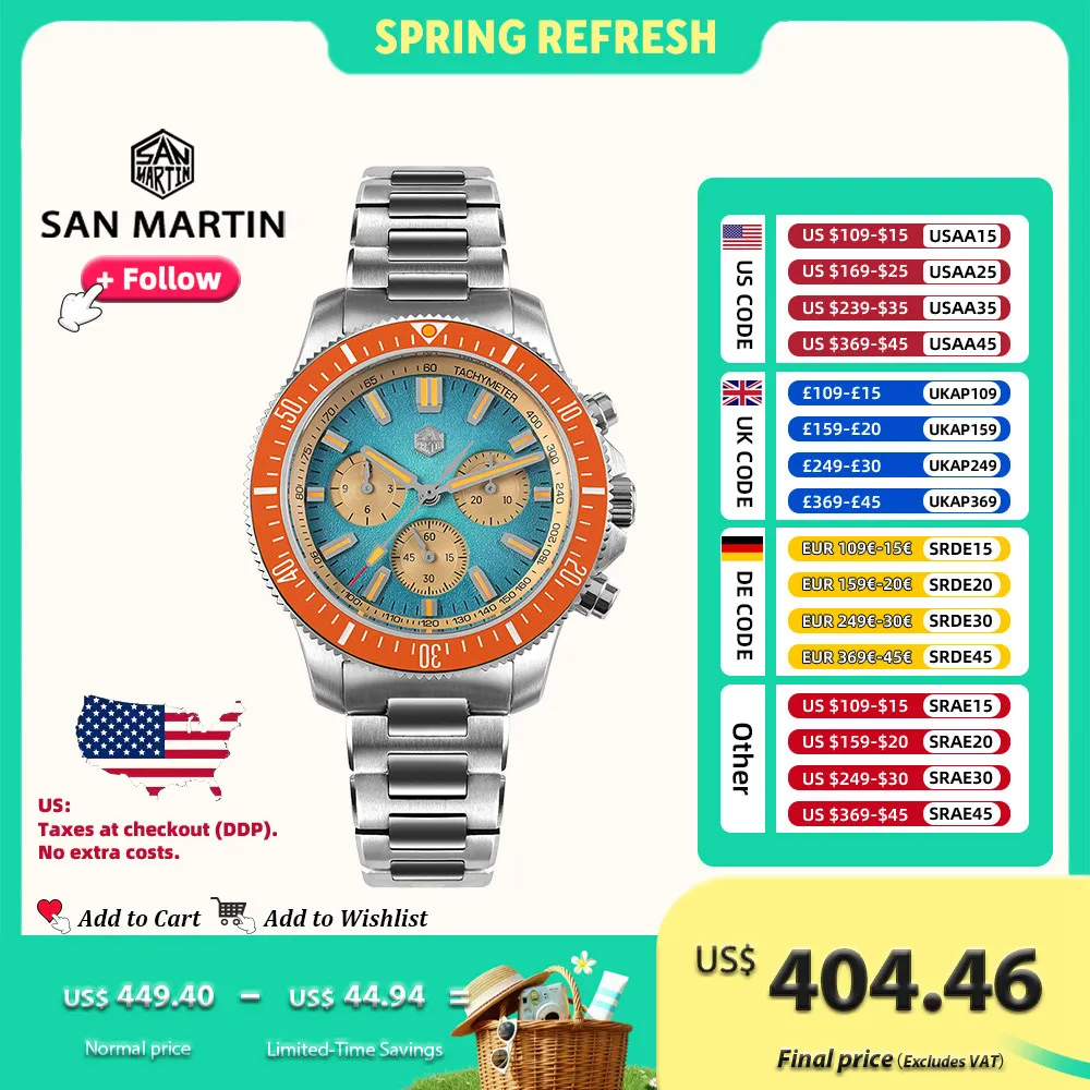 

San Martin 40mm Diver Chronograph Automatic Watch for Men Chinese Peacock SL-4801 Sapphire Luminous Waterproof 20Bar SN0118G-JS