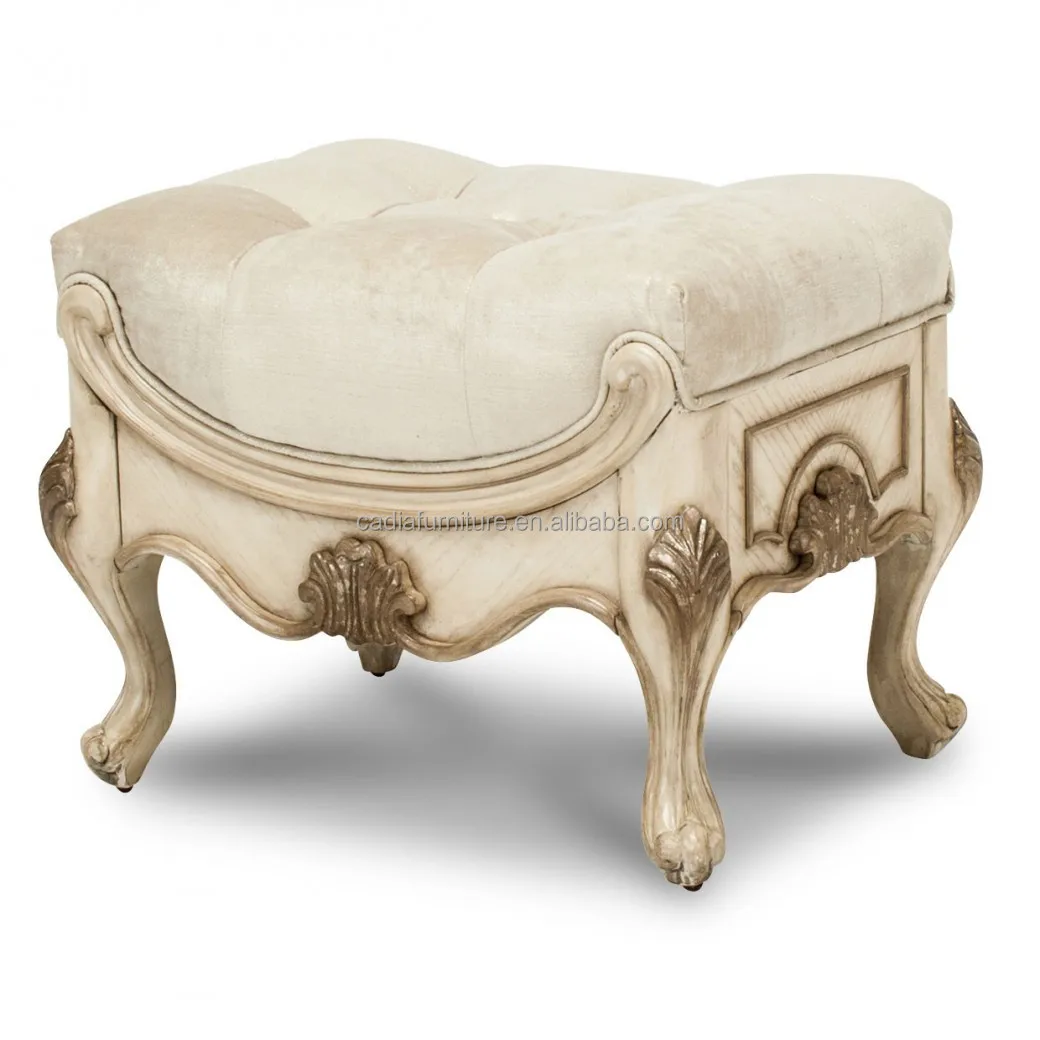 

French Antique Design Furniture White Wooden Living Room Ottoman Hand Carved Dresser Stool